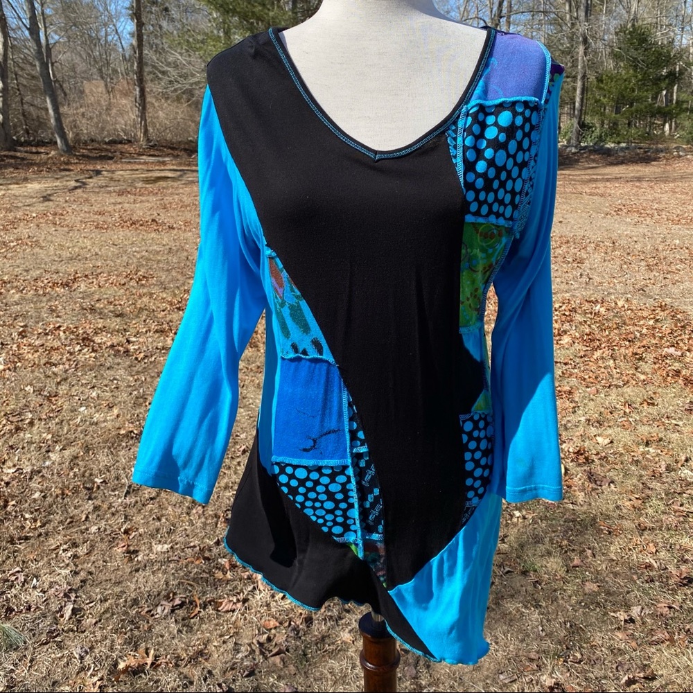PARSLEY & SAGE TOP TEE TUNIC BLUE BLACK V-NECK 3/4 SLEEVE Size S